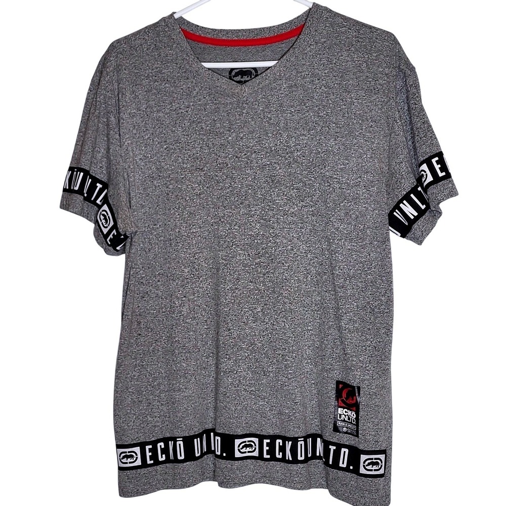 Ecko Unltd Mens V-Neck T-Shirt Grey Heather Logo Tape Streetwear Large